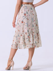 Chiffon Printed Elastic Waist Ruffle Tiered Flowy Midi Skirt