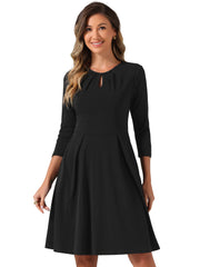 3/4 Sleeve Pleated Keyhole Pockets A-Line Above Knee Dress