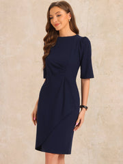 Ruched Puff Short Sleeve Work Sheath Midi Dress