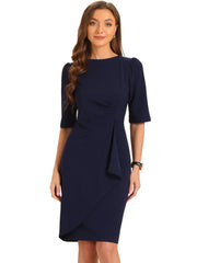 Ruched Puff Short Sleeve Work Sheath Midi Dress