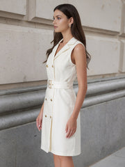 Sleeveless Notched Lapel Double Breasted Belted Office Blazer Dress