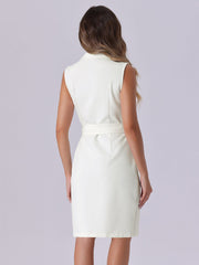 Sleeveless Notched Lapel Double Breasted Belted Office Blazer Dress