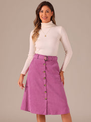 High Waist Button Front Belted Corduroy A-Line Midi Skirt