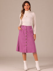 High Waist Button Front Belted Corduroy A-Line Midi Skirt