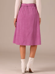 High Waist Button Front Belted Corduroy A-Line Midi Skirt