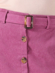 High Waist Button Front Belted Corduroy A-Line Midi Skirt