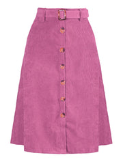 High Waist Button Front Belted Corduroy A-Line Midi Skirt