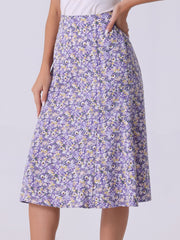 Floral Peasant Elastic Waist A-Line Ditsy Leave Midi Skirt