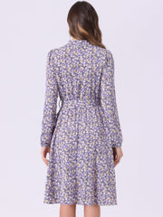 Tie Neck Chiffon Long Sleeve Belted Vintage Floral Dress