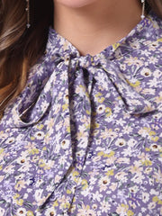 Tie Neck Chiffon Long Sleeve Belted Vintage Floral Dress