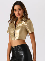 Pu Leather Short Sleeve Button Down Shirt Blouse Crop Top