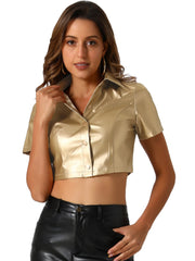 Pu Leather Short Sleeve Button Down Shirt Blouse Crop Top