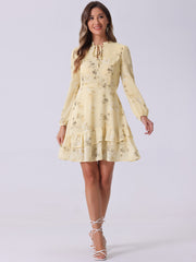 Floral V Neck Semi Sheer Layered Tiered Mini Dress