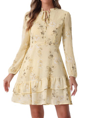 Floral V Neck Semi Sheer Layered Tiered Mini Dress