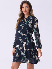 Floral V Neck Semi Sheer Layered Tiered Mini Dress
