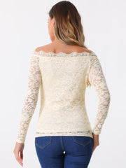 Off Shoulder Floral Lace Top Sheer Long Sleeves Casual Blouse