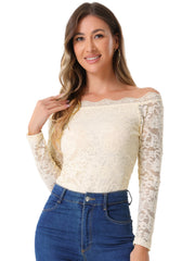 Off Shoulder Floral Lace Top Sheer Long Sleeves Casual Blouse