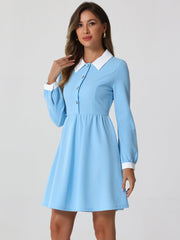Contrast Color Puff Long Sleeve Collared Flare Short Dress