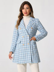 Lapel Collar Elegant Double Breasted Plaid Tweed Coat