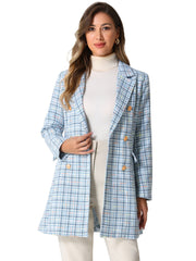 Lapel Collar Elegant Double Breasted Plaid Tweed Coat