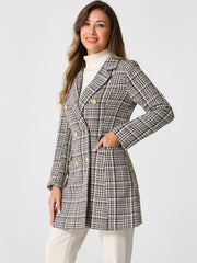Lapel Collar Elegant Double Breasted Plaid Tweed Coat