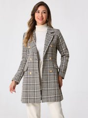 Lapel Collar Elegant Double Breasted Plaid Tweed Coat