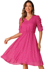 Metallic Stars Ruched Sleeve V Neck A-line Chiffon Dress