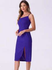 Spaghetti Strap Split Hem Cocktail Solid Sheath Dress
