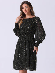 Puff Long Sleeve Metallic Stars Boat Neck Pockets Mesh Midi Dress