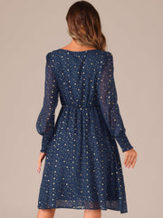 Puff Long Sleeve Metallic Stars Boat Neck Pockets Mesh Midi Dress