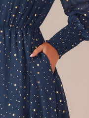 Puff Long Sleeve Metallic Stars Boat Neck Pockets Mesh Midi Dress