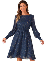 Puff Long Sleeve Metallic Stars Boat Neck Pockets Mesh Midi Dress