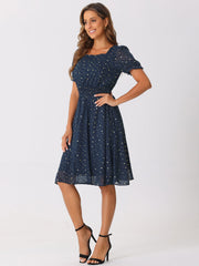 Square Neck Metallic Stars Ruffle Short Sleeve A-Line Smocked Waist Midi Dress