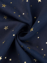 Square Neck Metallic Stars Ruffle Short Sleeve A-Line Smocked Waist Midi Dress