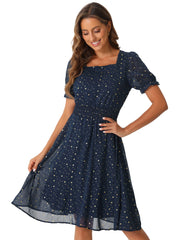 Square Neck Metallic Stars Ruffle Short Sleeve A-Line Smocked Waist Midi Dress