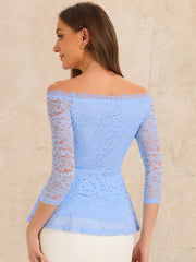 Elegant Lace Blouse Semi Sheer 3/4 Sleeve Off Shoulder Peplum Top