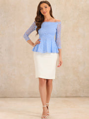 Elegant Lace Blouse Semi Sheer 3/4 Sleeve Off Shoulder Peplum Top