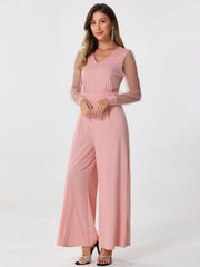 Elegant V Neck Mesh Long Sleeve Loose Wide Leg Jumpsuits