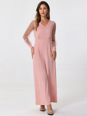 Elegant V Neck Mesh Long Sleeve Loose Wide Leg Jumpsuits