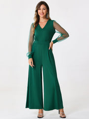 Elegant V Neck Mesh Long Sleeve Loose Wide Leg Jumpsuits