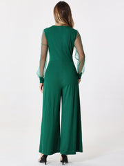 Elegant V Neck Mesh Long Sleeve Loose Wide Leg Jumpsuits