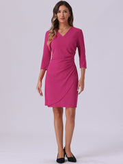 3/4 Sleeve Solid Color Ruched V Neck Midi Sheath Dress