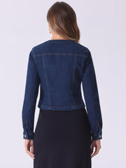 Denim Collarless Long Sleeve Button Down Crop Jean Jacket