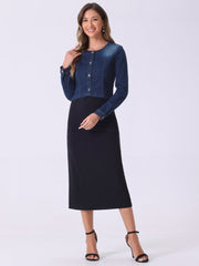 Denim Collarless Long Sleeve Button Down Crop Jean Jacket