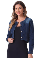 Denim Collarless Long Sleeve Button Down Crop Jean Jacket