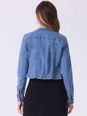Denim Collarless Long Sleeve Button Down Crop Jean Jacket