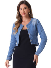 Denim Collarless Long Sleeve Button Down Crop Jean Jacket