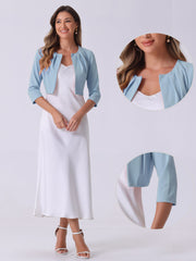 3/4 Sleeve Collarless Pleated Open Front Shrugs