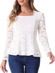Lace Square Neck Long Sleeve Stertch Peplum Blouse