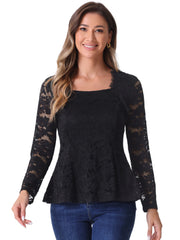 Lace Square Neck Long Sleeve Stertch Peplum Blouse